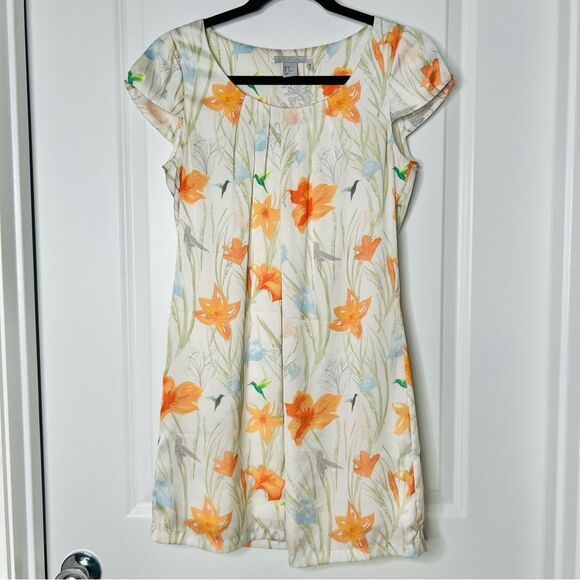 H&M Women's Satin Shift Dress Floral Hummingbird Print Size 4 Lined - Picture 1 of 11